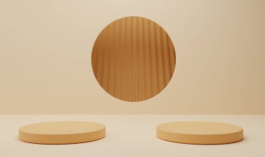 Açık kahverengi arka plandaki ürün için sahne geometri şekilli podyumu oluşturun. Soyut geometrik 3D oluşturma. 