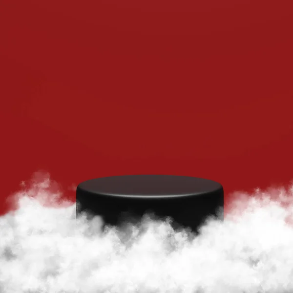 ディスプレイ黒の表彰台と3Dシーン 煙と赤の背景に製品のプレゼンテーションのためのテンプレート — ストック写真