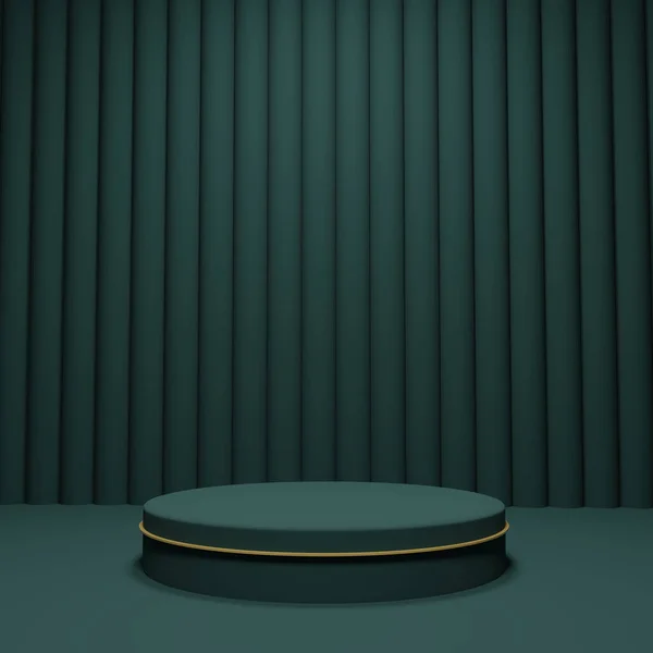 Realistic 3D stand dark green podium with gold line on dark green background. abstract with geometric form. Luxury minimal scene for mockup products showcase.