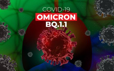 Covid 19 virüsü, SARS-CoV-2 Coronavirus varyantı omicron bq.1.1. Ciğerlerdeki bulaşıcı virüs hücrelerinin 3D mikroskobik görüntüsü