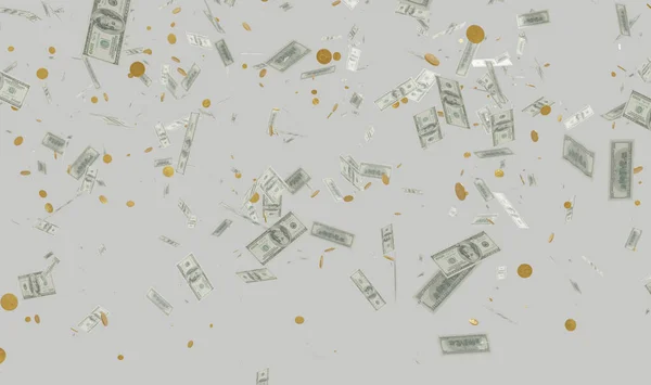 Falling money, one hundred dollar bills and one dollar coins.Objects isolated on a white background.3d rendering