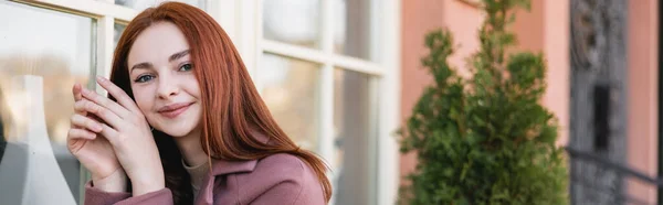 Pleased Young Woman Red Hair Looking Camera Banner — Stock Photo, Image