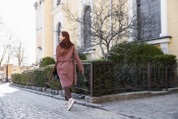 Full Length Pleased Young Woman Coat Holding Handbag Walking Street — Foto de Stock