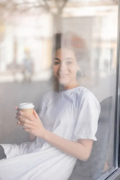 Happy African American Woman White Shirt Holding Paper Cup Window — Stock Fotó