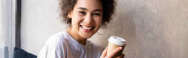 Happy African American Woman White Shirt Holding Paper Cup Banner — ストック写真
