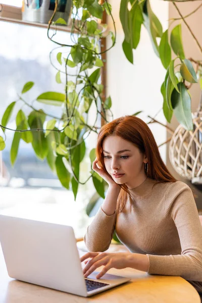 Pretty redhead freelancer using laptop in cafe — Stock Photo