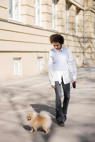 Full length of happy african american woman walking with pomeranian dog — Photo de stock