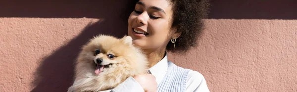 Heureuse femme afro-américaine en gilet bleu tenant dans les bras spitz poméranien, bannière — Photo de stock