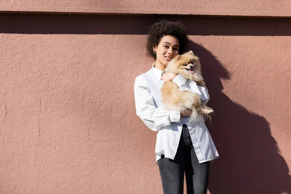 Positive african american woman in blue vest holding in arms pomeranian dog near wall — Stock Photo