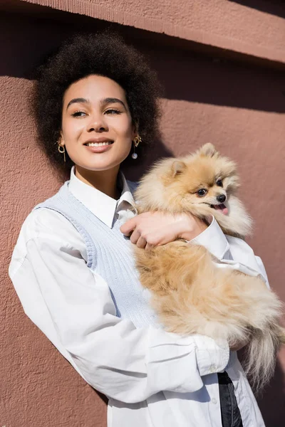 Curly african american woman in blue vest smiling and holding in arms pomeranian spitz — Stock Photo