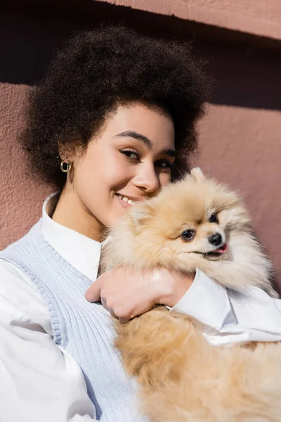 Feliz Africano americano mulher segurando em braços pomeranian spitz e olhando para a câmera — Fotografia de Stock