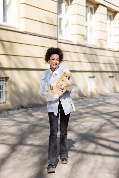 Pleine longueur de souriante femme afro-américaine en gilet bleu tenant chien poméranien dans la rue — Photo de stock