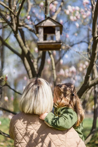 Back view of mother and daughter near blurred birdhouse in park — Stockfoto