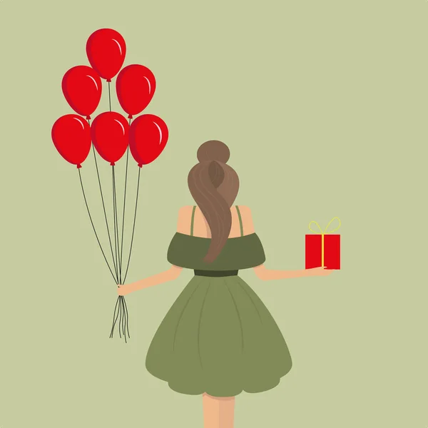 Ilustração Uma Menina Com Presente Balões — Vetor de Stock