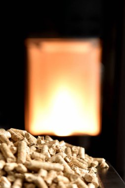 Modern domestic pellet stove, granules stove with flames