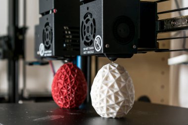 Dual extruder 3d printer which finished printing two bicolor egg model, idex technology
