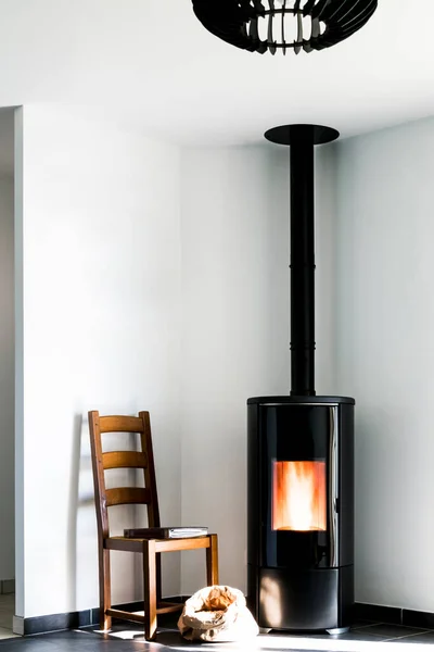 Oturma odasında yanan alevler ve saçma çantalı modern siyah soba.