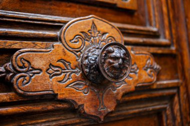 Üzerinde aslan resmi ve Art Deco tarzında dekoratif kabartmalı ahşap kahverengi bir kapı parçası olan metal yuvarlak bir kol..