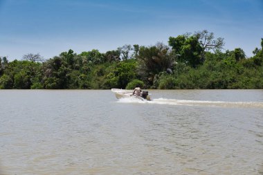 Gambiya Nehri 'ndeki motorlu tekne