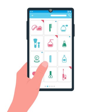 Düz vektör çizimi, çevrimiçi dükkandan kozmetik ürünleri alma kavramı, alışveriş. Akıllı telefon ekranında kozmetik ürünleri var. Akıllı telefon. Uygulamada ürünleri görüntüle.