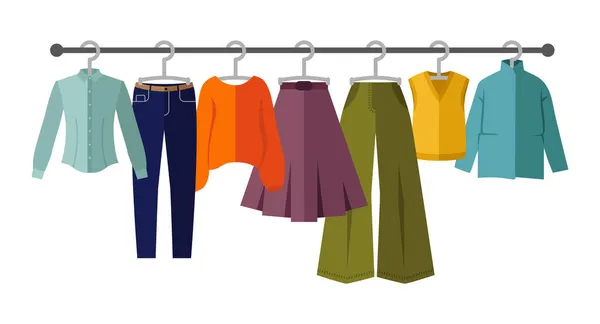 Plochá Vektorová Ilustrace Sada Oblečení Ramínku Obchod Oblečením Podzimní Zimní — Stockový vektor