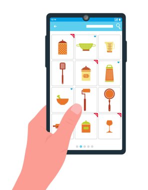 Düz vektör illüstrasyonu, mutfak malzemeleri alma konsepti, çevrimiçi mağazada aletler, alışveriş. Akıllı telefon ekranında mutfak malzemeleri var, al. El ele tutuşan akıllı telefon. Ürünleri uygulamadan görüntüle. Yemek ve yemek hakkında karikatür çizimi.