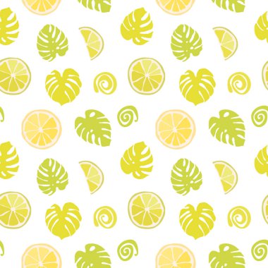 Yeşil canavar yaprakları ve tropikal meyvelerin kusursuz dokusu. Yeşillik desenli, doğal bir özgeçmişi var. Turunçgillerden gelen parlak çiçek deseni.