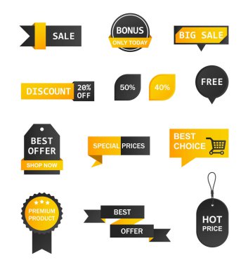 Vektör etiketleri, fiyat etiketleri, afişler, etiketler. Kupon satışı, teklifler ve promosyon vektör şablonu. Alışveriş, ticaret temalı düğmeler, simgeler.