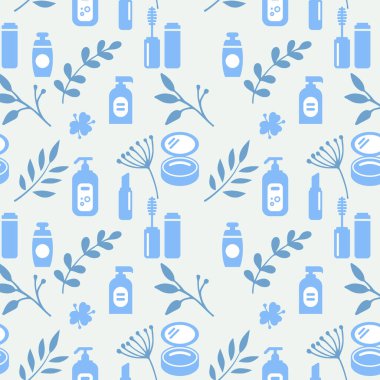 Kozmetik simgelerinden ve çiçek elementlerinden kusursuz doku, desen, soyut arkaplan, duvar kağıdı