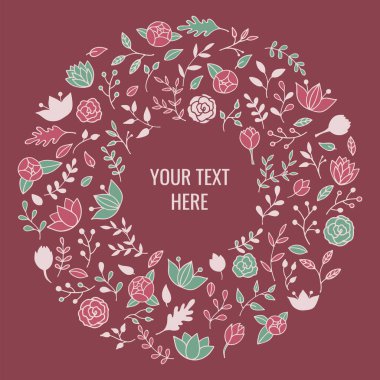 Çiçeksel elementlerden, çiçek aranjmanlarından, botanik bileşimlerinden, bahar konseptinden yapılmış güzel yuvarlak çerçeve. Doğum günü tebrik kartları, düğün davetiyeleri için vektör şablonu.