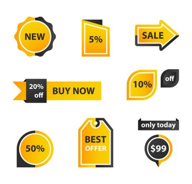 Vektör etiketleri, fiyat etiketleri, afişler, etiketler. Kupon satışı, teklifler ve promosyon vektör şablonu. Alışveriş, ticaret temalı düğmeler, simgeler