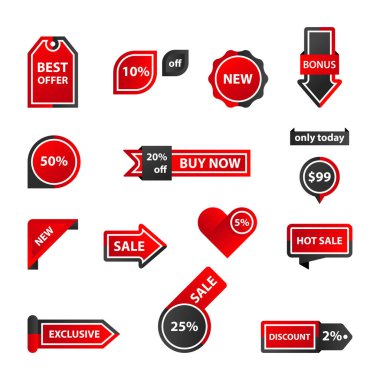 Vektör etiketleri, fiyat etiketleri, afişler, etiketler. Kupon satışı, teklifler ve promosyon vektör şablonu. Alışveriş, ticaret temalı düğmeler, simgeler