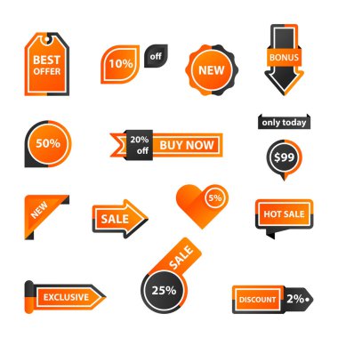 Vektör etiketleri, fiyat etiketleri, afişler, etiketler. Kupon satışı, teklifler ve promosyon vektör şablonu. Alışveriş, ticaret temalı düğmeler, simgeler