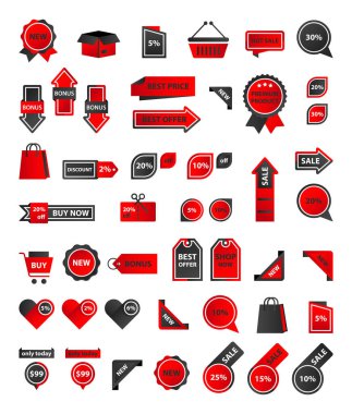 Vektör etiketleri, fiyat etiketleri, afişler, etiketler. Kupon satışı, teklifler ve promosyon vektör şablonu. Alışveriş, ticaret temalı düğmeler, simgeler.