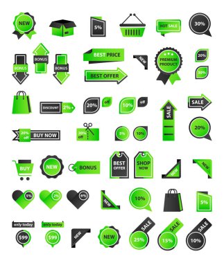 Vektör etiketleri, fiyat etiketleri, afişler, etiketler. Kupon satışı, teklifler ve promosyon vektör şablonu. Alışveriş, ticaret temalı düğmeler, simgeler.