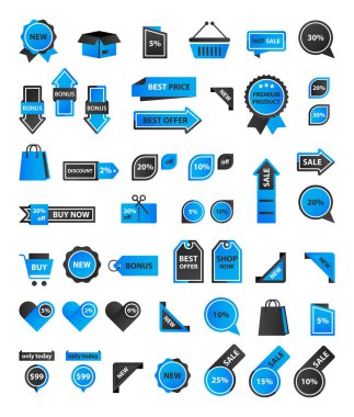 Vektör etiketleri, fiyat etiketleri, afişler, etiketler. Kupon satışı, teklifler ve promosyon vektör şablonu. Alışveriş, ticaret temalı düğmeler, simgeler.