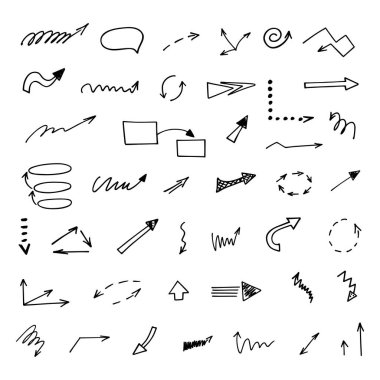 Elle çizilmiş oklar, sunum için elementler. Infographic illüstrasyon, iş karalamaları simgeler, izole nesneler. Çalışma sürecinin taslağı. Görsel iş stratejisini, projeyi kavra.