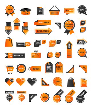 Vektör etiketleri, fiyat etiketleri, afişler, etiketler. Kupon satışı, teklifler ve promosyon vektör şablonu. Alışveriş, ticaret temalı düğmeler, simgeler.