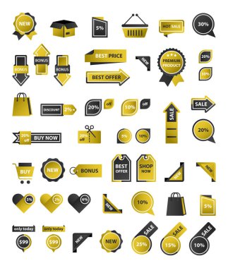 Vektör etiketleri, fiyat etiketleri, afişler, etiketler. Kupon satışı, teklifler ve promosyon vektör şablonu. Alışveriş, ticaret temalı düğmeler, simgeler