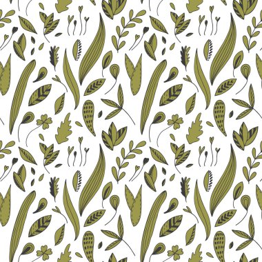 Yeşil yaprakların kusursuz dokusu, yeşillik deseni, doğal soyut arkaplan, botanik kompozisyonu, duvar kağıdı. El çizimi botanik çizimi, doğal bileşim