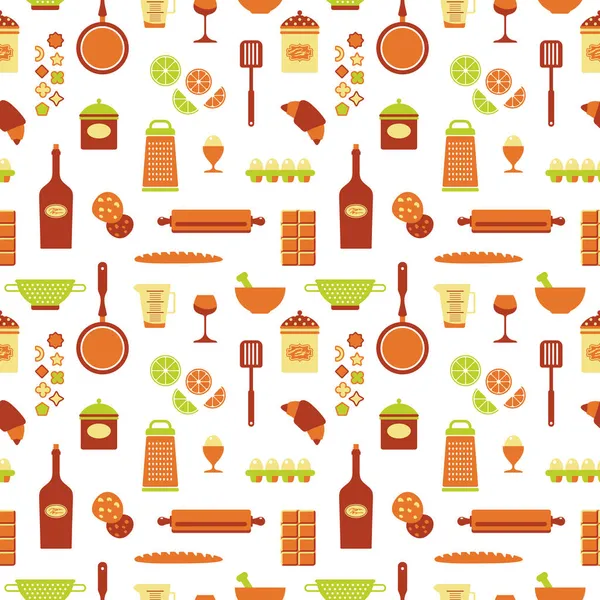 Nahtlose Textur Von Lebensmittel Ikonen Backwaren Küchengeräten Utensilien Flache Cartoon — Stockvektor