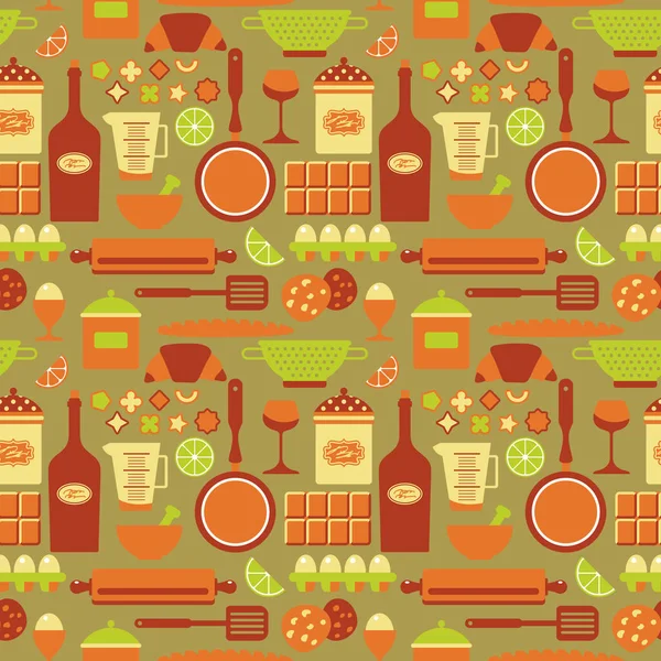 Nahtlose Textur Von Lebensmittel Ikonen Backwaren Küchengeräten Utensilien Flache Cartoon — Stockvektor