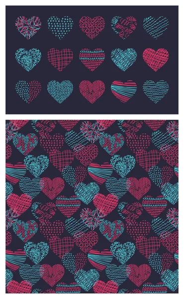 Vector Geometric Seamless Pattern Hearts Simple Texture Hand Drawn Curves — Stock Vector