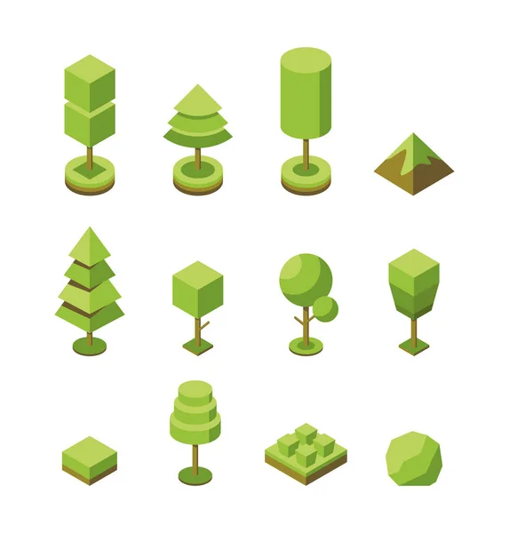 Vector Set Tree Isometric Icons Collection Natural Botanical Objects Illustration — стоковый вектор