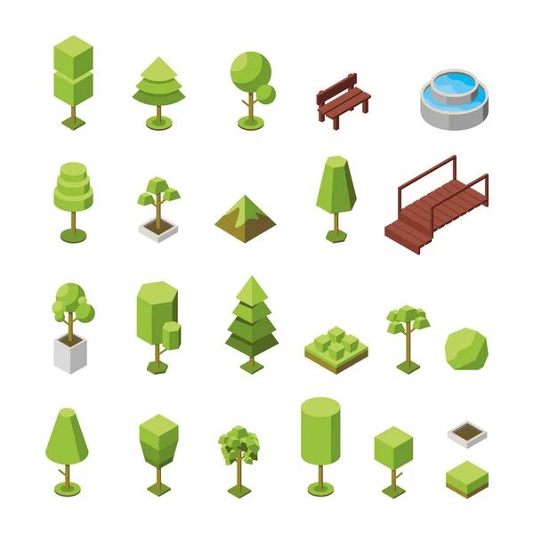 Vector Set Trees Outdoor Furniture Isometric Icons Collection Natural Botanical — Vetor de Stock