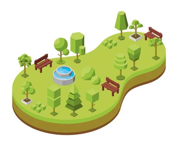 Ilustración Isométrica Vectorial Concepto Parque Ecológico Zonas Recreo Con Fuente — Vector de stock