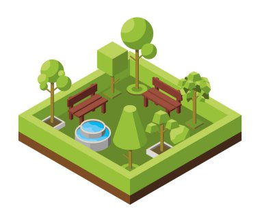Vektör izometrik çizim. Ekolojik park kavramı, çeşmeli dinlenme alanları. Doğal manzara, çevre. Peyzajlı doğa koruma alanı, orman, koru. Ağaçlar izometrik simgeler