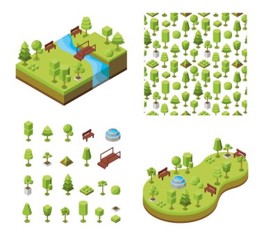 Vektör izometrik çizim. Ekolojik botanik parkı kavramı, doğal dinlenme alanları. Doğal manzara, çevre. Üç boyutlu ağaçlar ve açık hava mobilya ikonu. Kusursuz geometrik desen