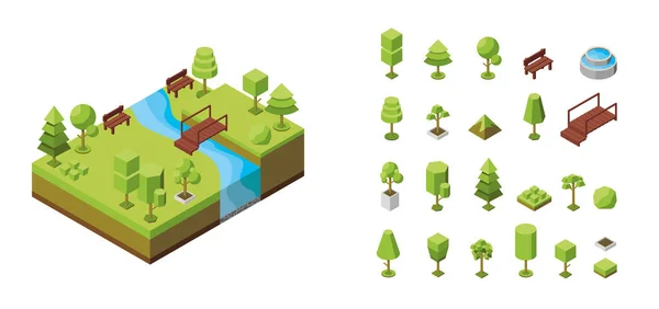 Ilustración Isométrica Vectorial Concepto Parque Botánico Ecológico Áreas Recreación Natural — Vector de stock