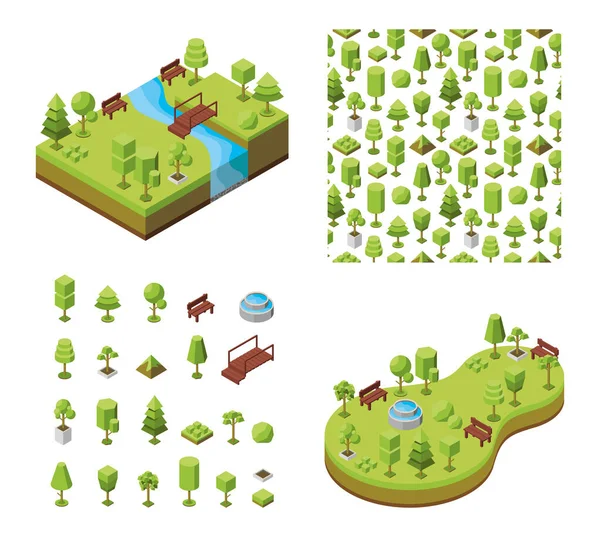 Ilustración Isométrica Vectorial Concepto Parque Botánico Ecológico Áreas Recreación Natural — Vector de stock